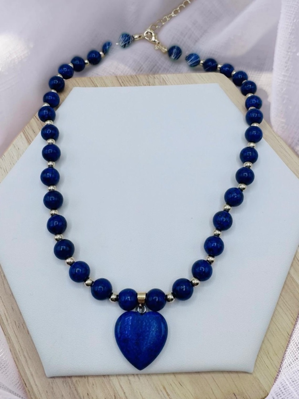 Heart of the Ocean Lapis Lazuli Blue Heart Pendant Beaded Necklace - Picture 2 of 4